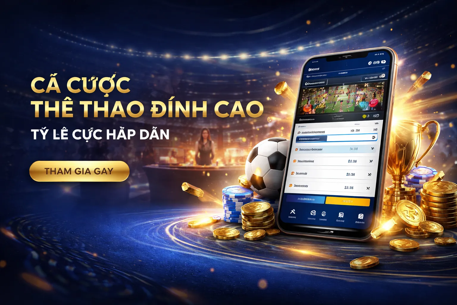 Sân vận động lớn với người hâm mộ và logo qh235, biểu tượng chiến thắng trong cá cược thể thao